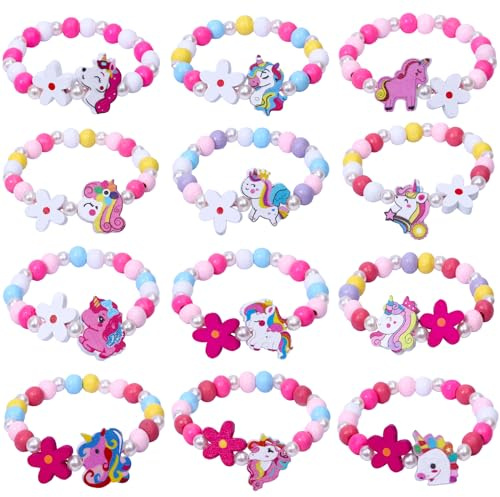 Tacobear Lot de 12 Bracelets Licorne Fille, Bracelet Enfant Élastique en Perles Bois Colorées, Cadeau Invité Anniversaire Fille, Remplissage Pochette Surprise École Fête Noël