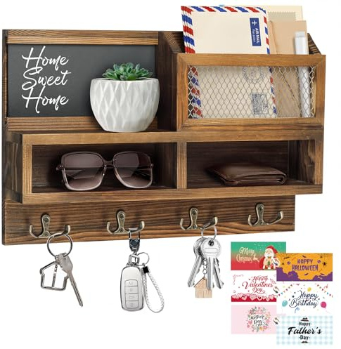 HOMEBROS Key Holder Wall Mount, Wooden Mail and Key Organizer with Chalkboard and Mirror, 3 Greeting Cards, 8 Hooks, Brown, Type 1