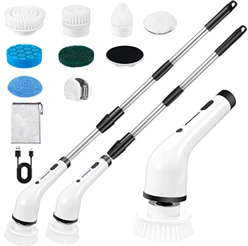 Electric Cleaning Brush Cordless Spin Scrubber Bathroom Scrubbing Brush Shower Rotating Scrubber Brush with 2 Speeds, 7 Replaceable Brush Heads, Adjustable Extension Arm for Tile Tub Kitchen Floor Car