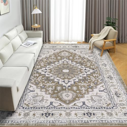 XSIVOD 120x180cm Vintage Area Rugs for Living Room, Non-slip Luxury Bedroom Rug, Distressed Traditional Floor Carpet for Nursery Dining Room, Washable Entryway Mat for Boho Decor, Brown Ivory