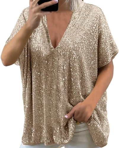 2024 Neue Glitzer Oberteile Damen Party Pailletten Oberteil Langarm Kurzarm Sexy V-Ausschnitt Festliche Blusen Elegant Große Größe Silber T-Shirt Gold Bluse Hochzeit Glitzertop Tunika Damenbluse