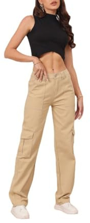 THWEI Cargo Pants for Women High Waisted Casual Pants Y2K Streetwear with 6 Pockets Khaki XL
