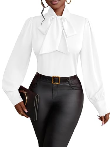 Vrtige Women's Bow Tie Neck Long Sleeve Elegant Blouse Shirt Top White XX-Large