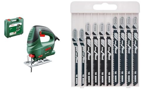 Bosch Home and Garden Scie sauteuse - PST 700 E ReadyToSaw (Profondeur de coupe 70mm, livrée avec coffret de rangement SystemBox) + 10pcs. Kit Lames Scie Sauteuse (pour Bois, Emmanchement T)