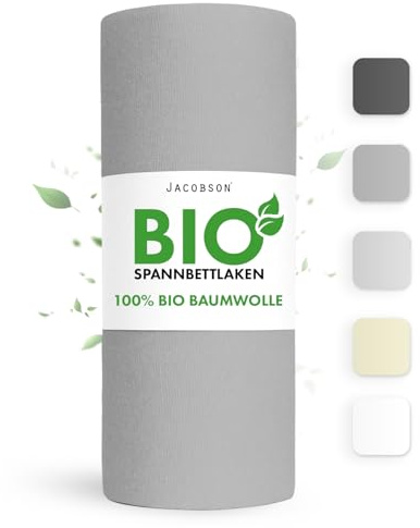 Jacobson Bio Spannbettlaken 120x200cm Baumwolle Spannbettlaken, GOTS zertifiziertes Bettlaken, 160g/m² Jersey Spannbetttuch (120x200, Grau)
