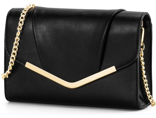 VASCHY Bolso Fiesta Mujer Negro, Clutch de Noche con Cadena Desmontable, Bolso de Mano para Boda y Eventos, 24 x 6,5 x 15 cm, Cuero VeganoNegro