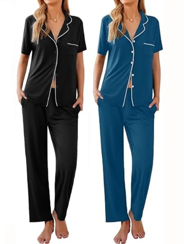 Ekouaer Correct name 2 Pack：Women Pajamas Short Sleeve Pj Set Notch Collar Button Up Loungewear Cozy Sleepwear Sets Black_Blue M