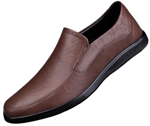 Chaussures d'affaires pour homme - En cuir - Légères - Sans lacets - Confortables - Antidérapantes - Chaussures plates - Chaussures de travail - Coupe confortable, marron, 42 EU