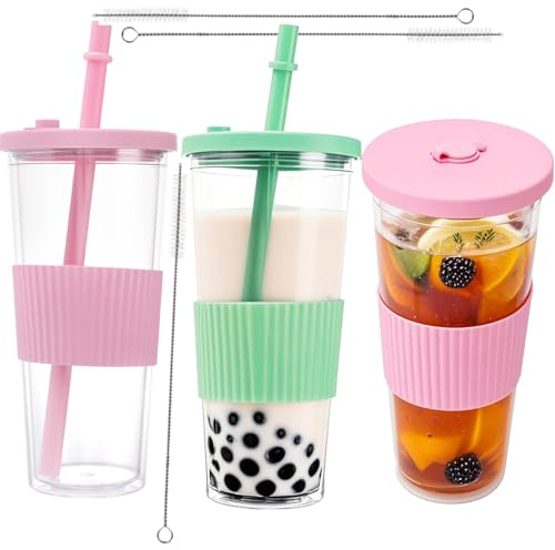 MAKTSAM 3 Pack Iced CoffeeBubble Tea Cups, 750ml/24oz Clear Double Wall Plastic Tumbler Cups with Straw and Lid, Smoothie Cup for Milk Tea, Fruit Juice, Coffee