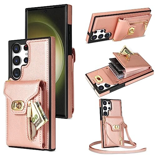 Custodia a portafoglio per iPhone 13 mini, custodia a portafoglio in pelle opaca con cerniera staccabile tracolla fibbia design - rosa