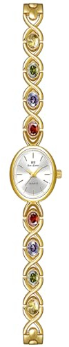 MASTOP Luxury Vintage Colorful Crystal Oval Watch Fashion Ladies Small Dial Dress Quartz Wrist Watch Waterproof Watch Fashion Bangle with Stainless Steel Band (Gold)