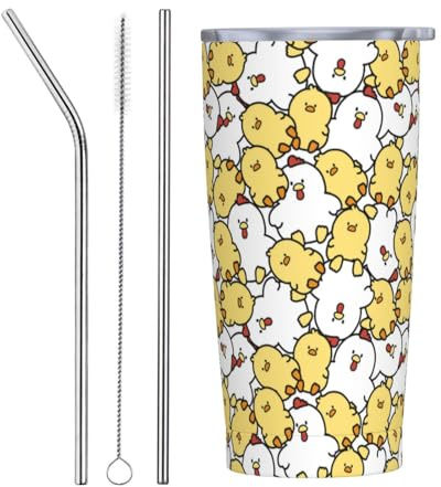 VOSERY Botella de agua de 20 onzas con tapa y popote, diseño clásico de dibujos animados de pollo, vaso aislado de acero inoxidable, taza de café de viaje, vaso personalizado