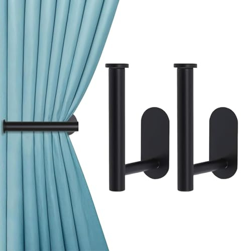 LERANXIN 2 Stück Vorhang-Raffhalter ohne Bohren, Selbstklebende Vorhanghalter, Metall Vorhanghaken, Gardinenhalter Vorhang Halter Vorhang Zusammenhalter Vorhang-Raffhalter für Vorhänge, Schwarz