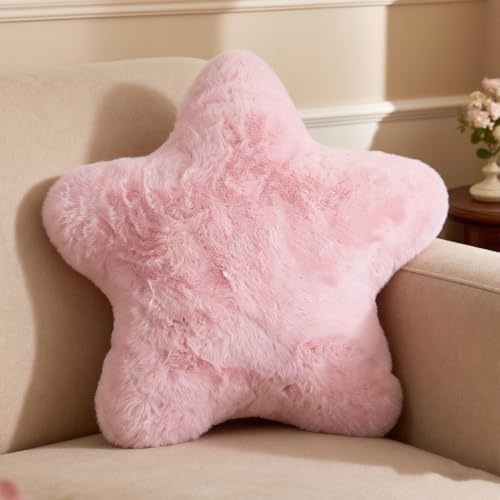 YRXRUS Star Pillows, Light Pink Star Shaped Pillow, Decorative Throw Pillow Gifts, Cute Plush Room Decor, Fluffy Faux Rabbit Fur 14x14Pillows for Living Bedroom