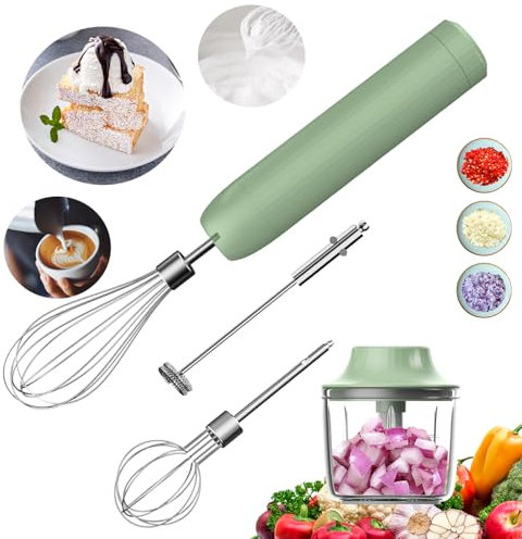 4-in-1 Handmixer, Elektrischer Schneebesen, Kleiner Kabelloser Stabmixer, Wiederaufladbarer Tragbarer Milchaufschäumer für Kaffee, Matcha, Mini Zwiebelhacker 300ML, 4-Gang-Handmixer