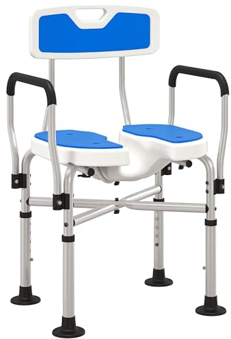HOMCOM Sedia Doccia con Schienale, Braccioli, Seduta Scanalata e Barre di Rinforzo, Sgabello Doccia con Altezza Regolabile, Fori per Acqua e Piedini Antiscivolo per Anziani e Disabili, Blu