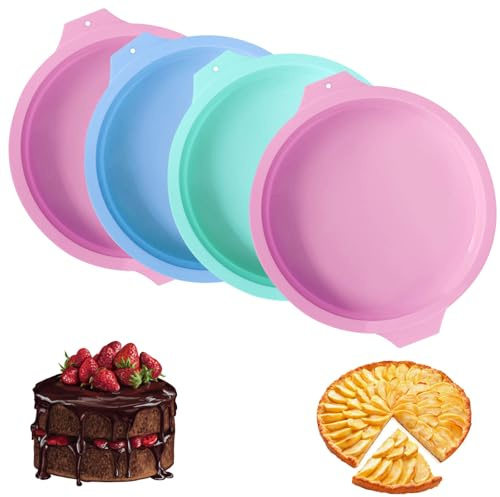 NUWIQ Rund silikonbakform, 4 stycken skiktade kakformar i silikon, rund silikonbakform, 20 cm, 8 tum, non-stick runda bakformar, silikonset, för skiktade kakor, ostkakor, rosa, blå, grön