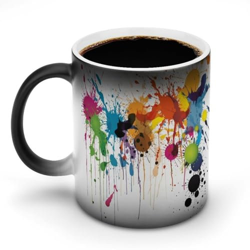 Abstract Paint Splashes Coffee Mugs Funny Color Changing Mug Unique Discoloration Mug Heat Sensitive Cup Fashion Print Ceramic Tea Cup Novelty Gifts for Birthday Men Women