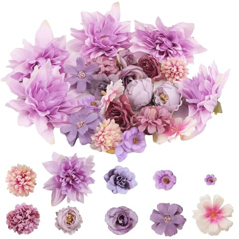 JTgugu 26 Stück Kunstblumen Köpfe 2-10cm Künstliche Blumenköpfe Verschiedene Sorten Blumen Mini Fake Kunstblume Flowers Künstlich Dekoblumen für DIY Hochzeit Party Tortendeko Handwerk Deko, Lila