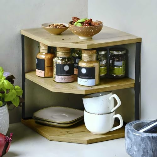 LS-LebenStil Küchenregal Eckregal Holz 27x25cm - Stehendes Aufbewahrungsregal für Küche & Bad - Gewürzregal über Eck - Dekoregal als Organizer für Arbeitsplatte - Modern & Platzsparend