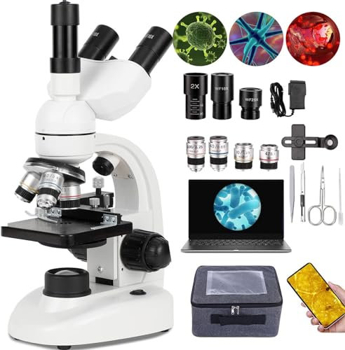Microscopio Composto Trinoculare 40x-5000x, Microscopio Trinoculare Composto Da Laboratorio, Tavolino Meccanico A 2 Strati, Oculare Elettronico-Per Operazioni Di Apprendimento/Sperimentali,White