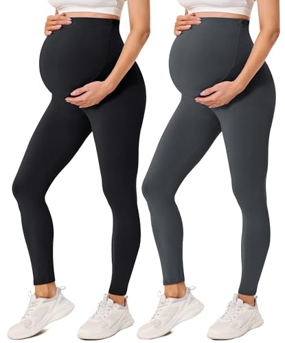 BAYDI Creamlush Graviditetsleggings för kvinnor med justerbart magstöd mjuka mammaleggings ogenomskinliga mammabyxor bekväma för yoga fritid pyjamas, 2-pack – svart/mörkgrå, L