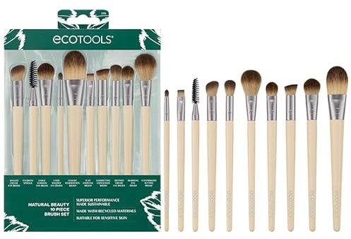 EcoTools Natural Beauty 10 Piece Brush Set - Vegan Tools For Full Face And Eye Looks: Liner, Shadow, Crease, Brow, Setting, Base. Cruelty-Free, Eco-Made, Easy To Clean, Works With All Formulas