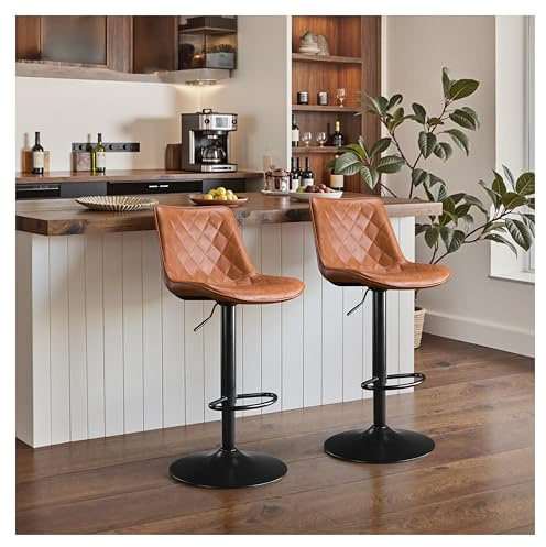 STOOLINK Lot de 2 Tabouret Bar, Chaise de Bar en Cuir Microfibre, Tabouret Cuisine Pivotant avec Repose-Pieds, Chaise Haute Bar Reglable en Hauteur, Siège Bar pour Bar, Cuisine-Marron Whiskey