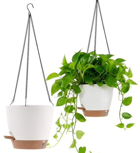 SINJEUN 2-pack hängande blomkruka, 20,3 x 17,8 cm hängande kruka med vattenlager, vit blomställning hängande för växter, inomhus och utomhus