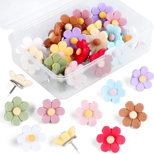 30 PCS Flower Drawing Pins for Photo Wall Cork Board Pinboard Notice Board Pins,Pretty Cute Resin Decorative Plant Pins for Cardboard Hanging Posters (Multicolor)
