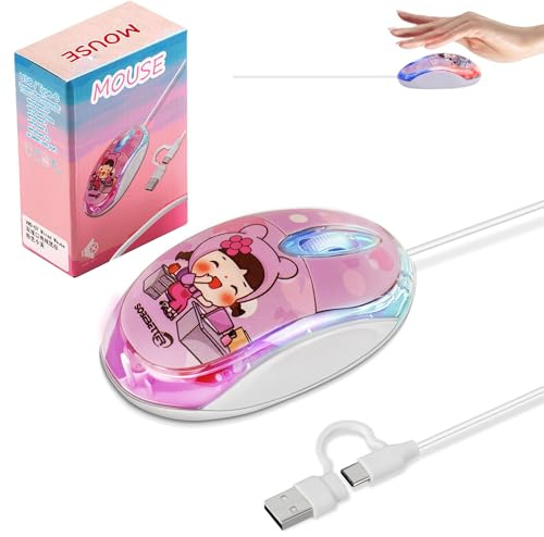 Maus mit Kabel USB C & USB A 2-in-1 Kabelgebunden Mouse mit 7-farbige LED-Hintergrundbeleuchtung,1,5 Meter Kabel Mice, 1000D-PI Mini Leiser Klick Computermaus für Kinder PC,Laptop,Mac,Windows,Rosa