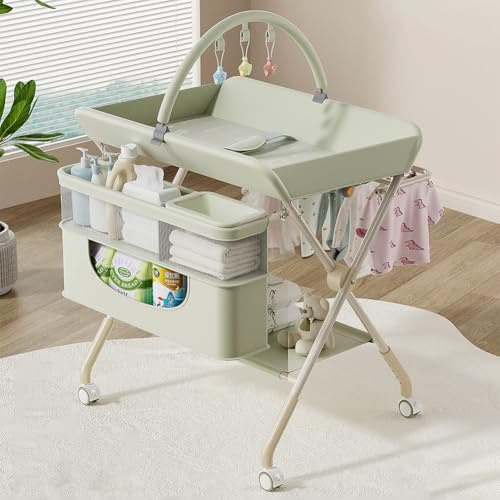 Morlinca Baby Wickelkommode Mobile Wickeltisch Klappbar,Baby Wickelkombi mit Rollen und Ablagefächern,Platzsparend & Stabil,für Windelwechsel & Kleidung,Grün