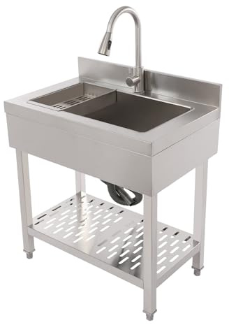 Fregadero de cocina de acero inoxidable, fregadero de cocina independiente, 70 x 50 x 90 cm, fregadero individual extragrande, fregadero comercial con grifo extraíble y escurridor para lavandería