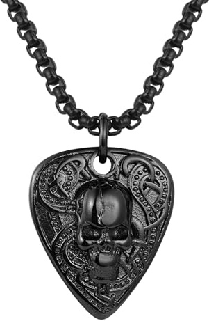 Flongo gitarrplektrum halsband för män: guld dödskalle punk rock rostfritt stål hänge med gravyrotion – personlig gitarrplock hållare kedja – musikpresent till gitarrister, Rostfritt stål