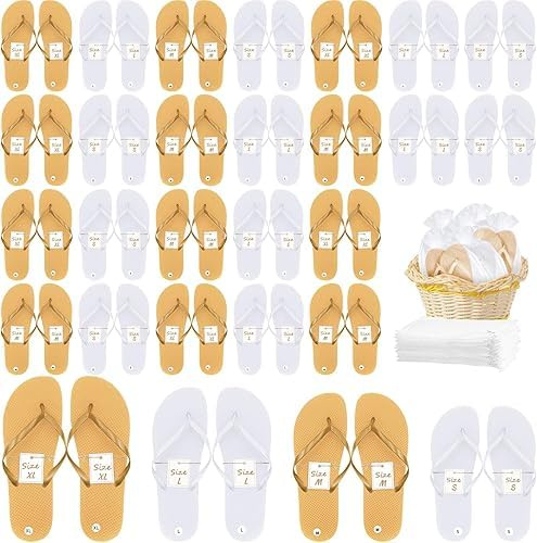 24 Pairs Flip Flops Bulk for Wedding Party Guest Sandals Pack Hotel Guest Spa Slippers Casual Slippers with Assorted Size Card Sign and Drawstring Bag (White, Orange)