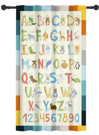 YONGFOTO 107x160cm Cortinas Alfabeto ABC para Niños, Animales Coloridos De Dibujos Animados Ilustración Educación Divertida Cortinas Translúcidas con Bolsillo para Barra para Guardería Aula, 1 Panel