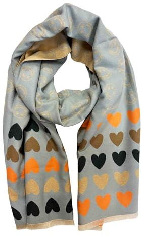 Jeamis XXL Smiley Love Herz Muster Wendeschal Strickschal Warmer Winter Schal Fashion Tuch Herbst Frühling Stola Wolle mit Fransen Smile