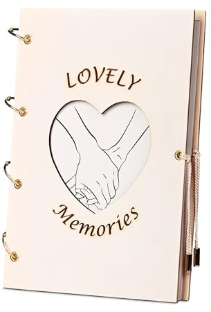 Handgemachtes Hochzeitsgästebuch aus Holz - „Lovely Memories“ mit Herz-Ausschnitt - DIY Gästebuch mit Fragen - Geschenk für Brautpaar & Erinnerungsalbum zur Hochzeit