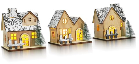 MUSISALY 3 Pezzi Casette di Natale in Legno Illuminate LED Villaggio Natalizio Miniatura con Decorazioni Rustiche per Tavolo e Albero Casette Piccole per Ambienti Festivi
