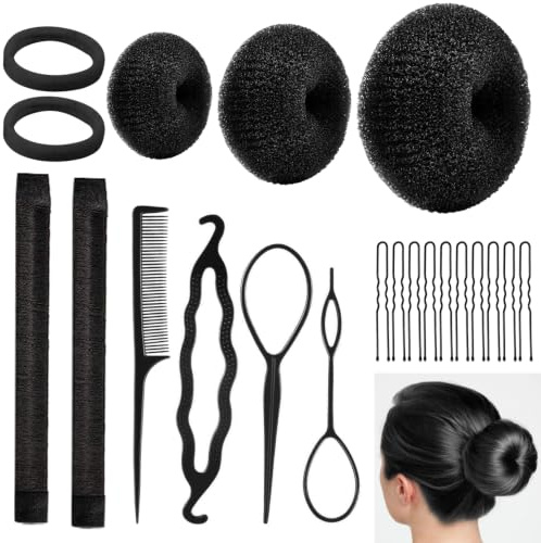 Set de 21 piezas para hacer moños – Donuts para el cabello, accesorios para mujeres y niñas, kit DIY para moños, herramienta para estilos de ballet y chignon (negro) | Mujeres y Niños Mágicos con Diseñadores de Moño, Herramientas de Peluquería para Bun Moño, Ballet y Peinados Elegantes, Negro