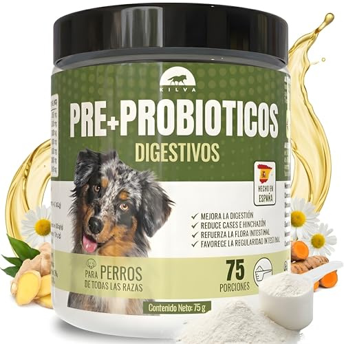 Kilva Probioticos Perros en Polvo, Prebióticos Digestivos, 75 Dosis | 1 g al día para todas las razas y tamaños, 75 dosis, con cacito, se mezcla con pienso o comida húmeda, fabricado en España