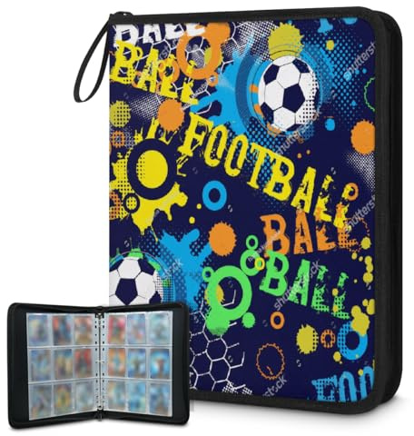Carpeta de tarjetas coleccionables de 9 bolsillos, colorido de fútbol, carpeta con fundas extraíbles, libro de tarjetas impermeable con cremallera, capacidad para 50 páginas y 900 tarjetas