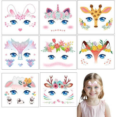 Gleevio Tiere Gesichtstattoo Karneval,8 Stück Temporäre Tattoos Kinder, Schminke Einhorn Tattoo Gesicht,Reh Face Art Sticker,Sticker Gesicht,Hase Gesichtstattoo,Dschungel Kostüm Kinder Zubehör