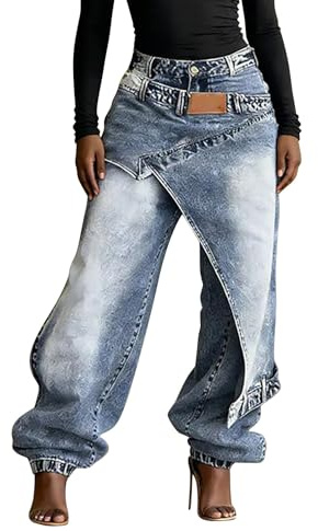 HUYTBYG Överlappande jeans dam säckiga jeans med låg midja Y2K pojkvän brett ben hiphop asymmetriska byxor tvättade streetwear byxor lös passform denim byxor klassiska cowgirls byxor för semester, BLÅ