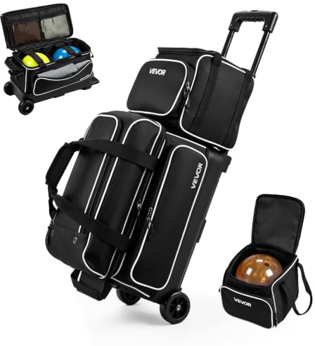 VEVOR 3 Ball Bowling Bag Double Roller Bag with Separate Shoe Compartment | for Bowling Shoes (Up To US Men Size 16), Rolling Ball Bag w/ Wheel, Accessory Pocket, Retractable Handle Extends to 40 in