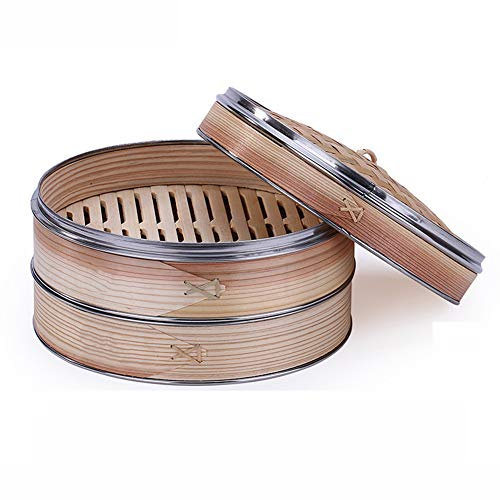 AIZYR Bamboo Dim Sum Steamer Basket, Steam Cooker Steamer Basket - 20Cm in Diameter Stainless Steel Edging, Insulation and Anti-Scalding, Two Layers