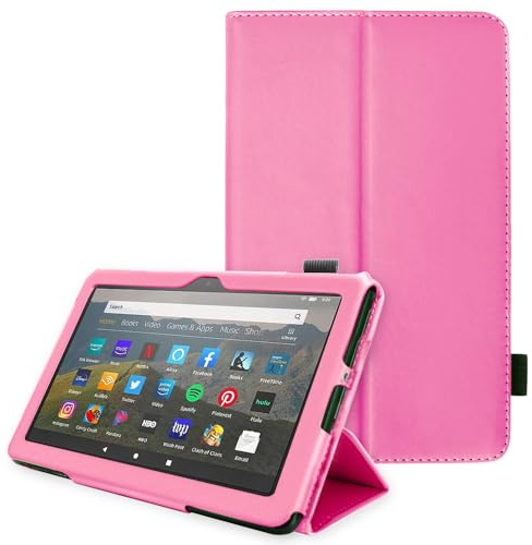 TECHGEAR Neue Amazon Fire HD 8, HD 8 Plus, Kinder, 2024/2022/2020 14. 12. 10. Generation Hülle - PU Leder Slim Hülle mit Ständer und Handschlaufe Schutzhülle Tasche - Rosa