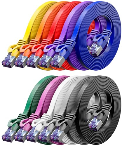deleyCON 10x 0,5m Platt CAT7 Nätverkskabel (CAT 7 med 10 Gbit/s) Gigabit LAN - RJ45 Ethernet Kort Patchkabel Platt - för Internet Switch Router Modem Patchpanel - Färgglad