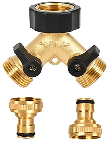 3/4 Inch 2 Way Brass Tap Garden Hose Splitter Double Hose Connector Y Valve Garden Tap Splitter with Individual On/Off Valves and 3/4 Inch Quick Connector for Garden Irrigation Tool