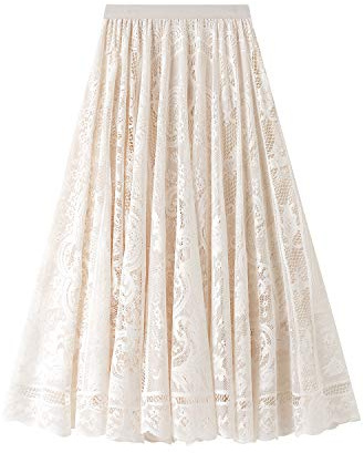e-girl Jupe Trapèze Fleurie Femme Beige Jupe Dentelle Maxi,Taille Unique,S0851
